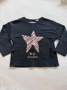 Zara Toddler Girl Black Long-Sleeve Tee with Pink Striped Star Size 1 1/2 Years